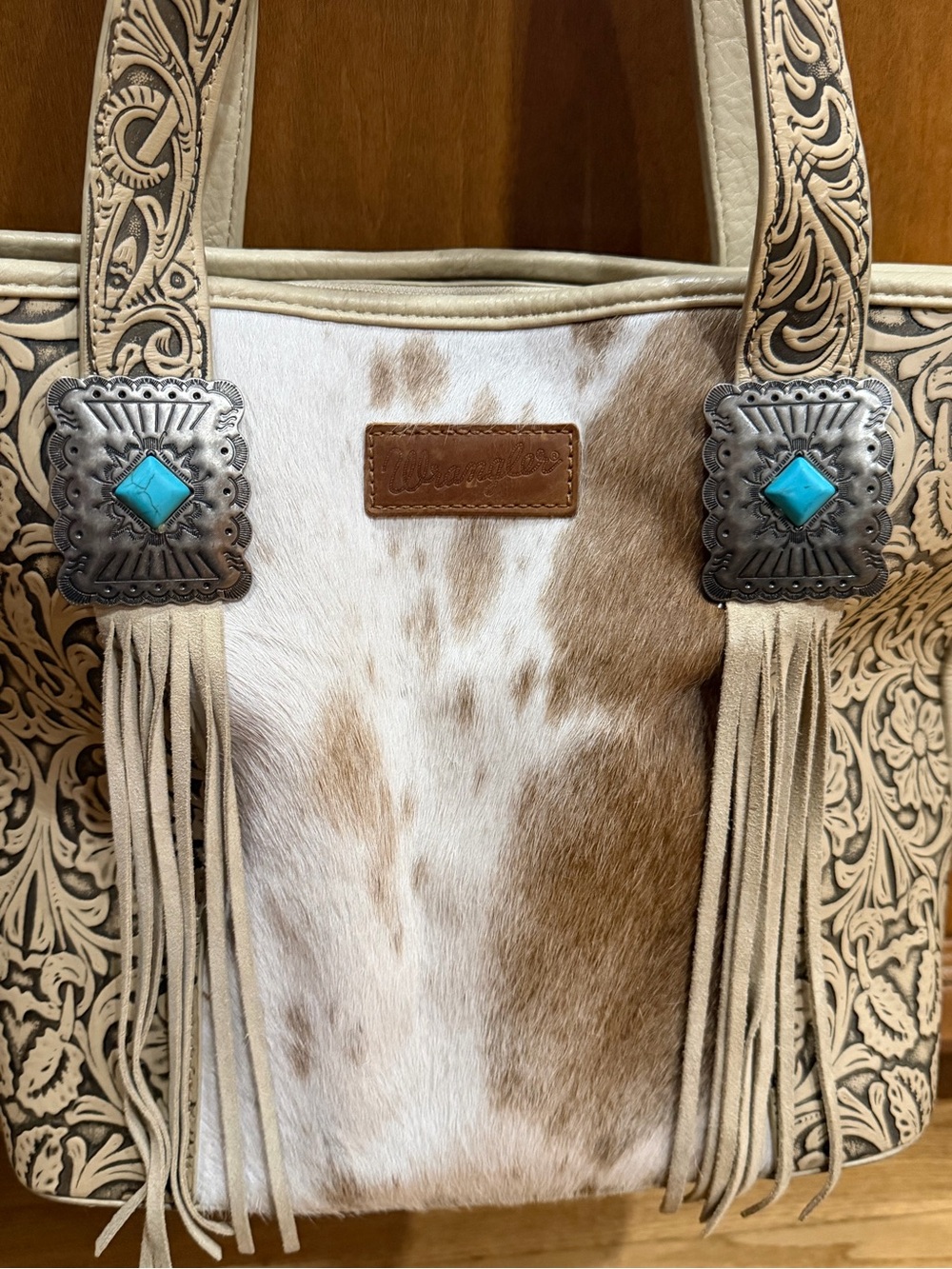 Wrangler Tan & cream Cowhide Fringe Tote with Turquoise Conchos